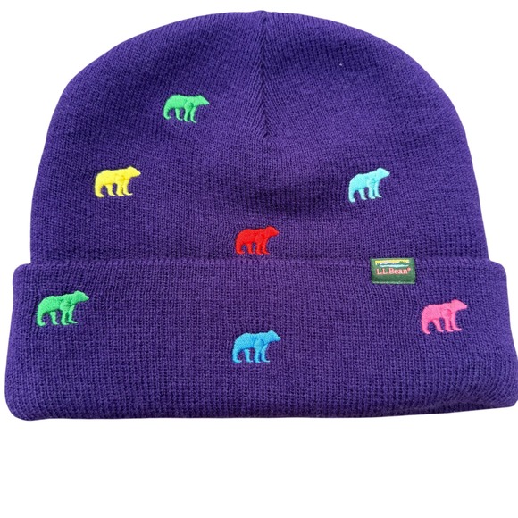 L.L. Bean Accessories - L.L.Bean Purple Polar Bear Embroidered Knit Beanie Hat One Size Multicolor Cuff